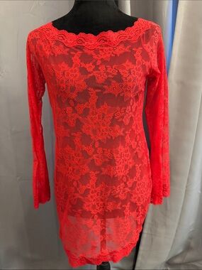 Red Floral Lace Long Sleeve Sheer Tunic
